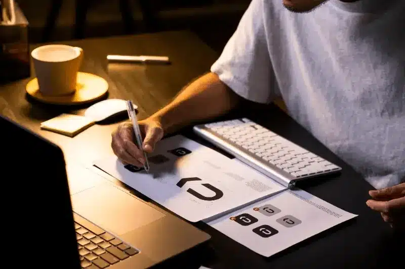 The image depicts a designer working on logo concepts, focusing on building a cohesive and strong visual identity for a brand, showcasing the thoughtful process behind brand creation.