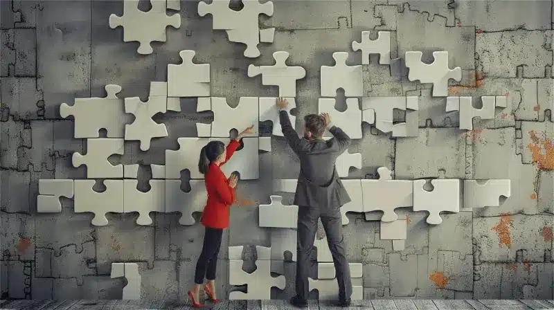 The image of two individuals assembling large puzzle pieces symbolizes "Building an Emotional Connection" in brand communication.