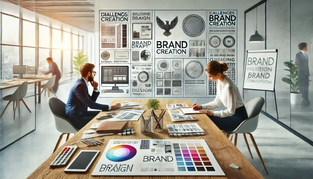 image shows a team of professionals analyzing and discussing the latest trends in branding,