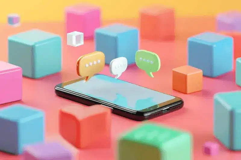 The image of a smartphone with colorful chat bubbles and cubes floating around it represents the dynamic and multi-dimensional nature of modern brand communication strategies.