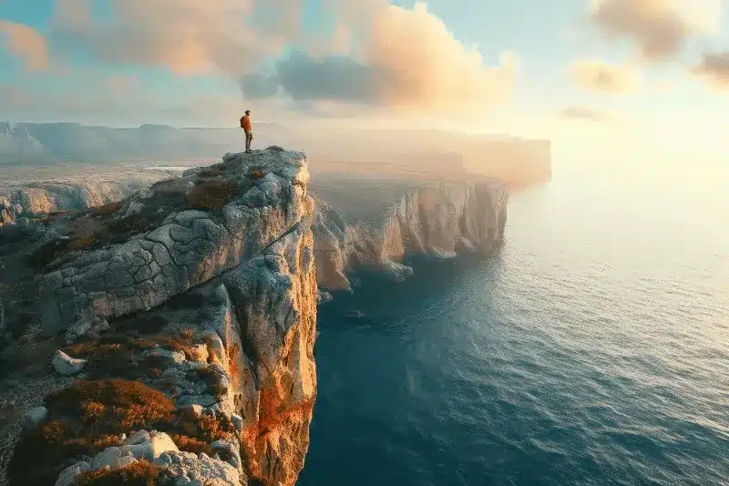 The image portrays a person standing on the edge of a cliff, representing the challenges and risks of maintaining a consistent visual identity in a constantly evolving landscape.