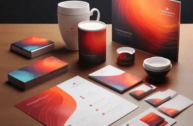 The image showcases a cohesive set of branded stationery, including business cards, brochures, and packaging, emphasizing the importance of consistent visual identity in branding.