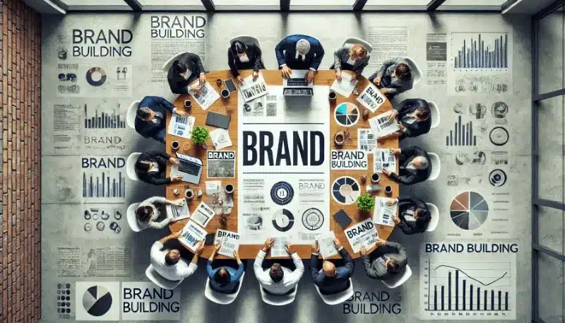 The image illustrates the collaborative and strategic efforts involved in establishing a strong brand identity, brand building