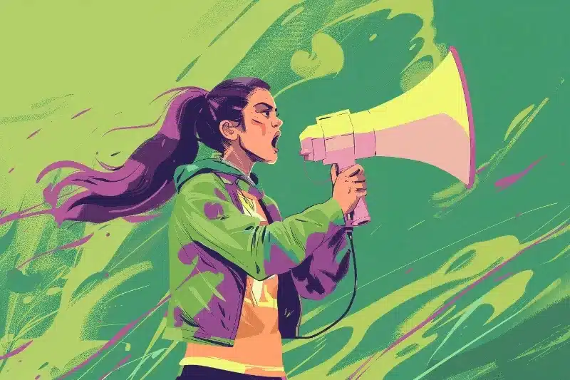 The image illustrates a vibrant and energetic depiction of a person using a megaphone, symbolizing the power of voice and visual identity in marketing communication.