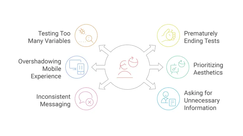 Infographic highlighting frequent landing page optimization errors like testing too many variables and poor call to action design.