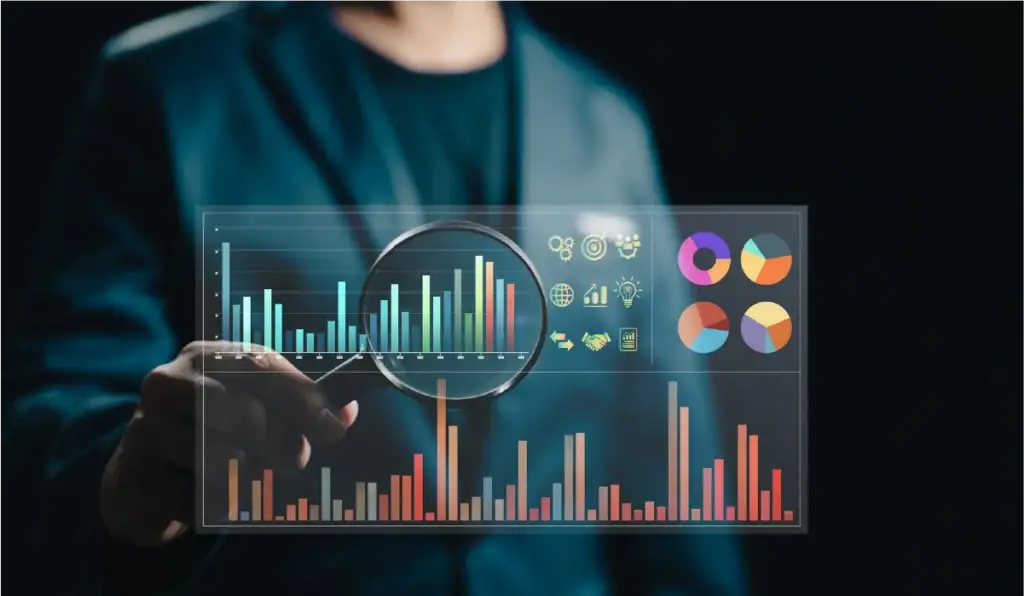 Business professional analyzing predictive analytics dashboard with bar and pie charts.