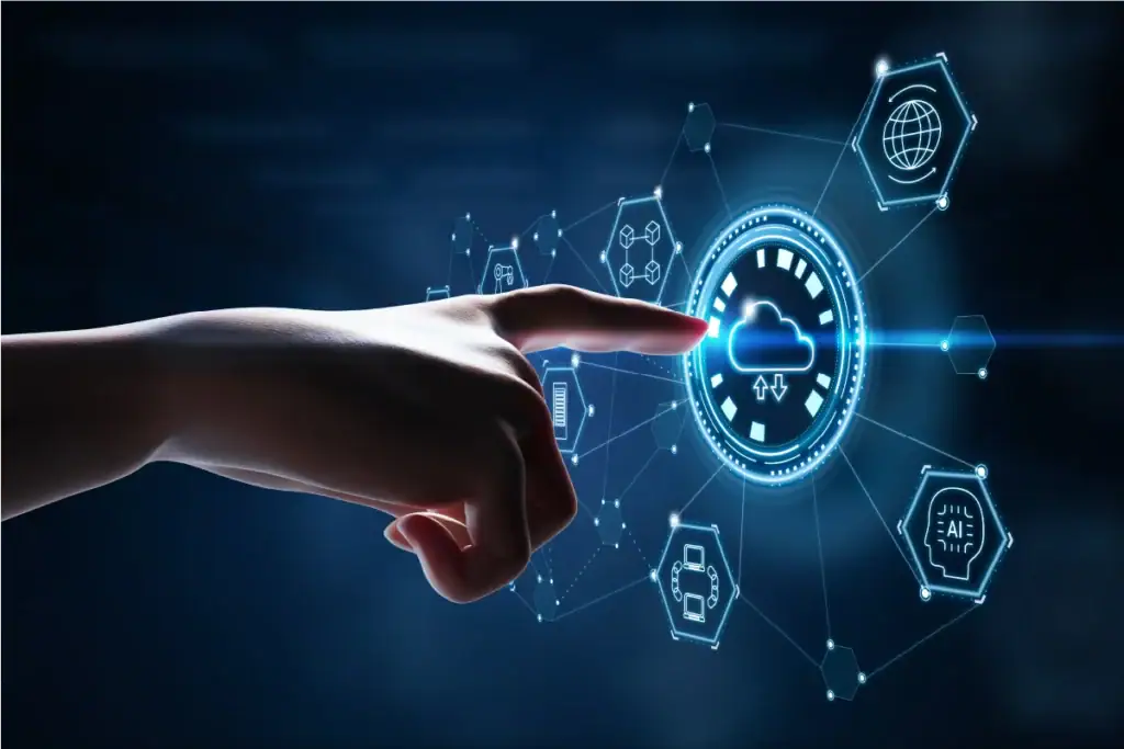 Hand interacting with digital cloud interface