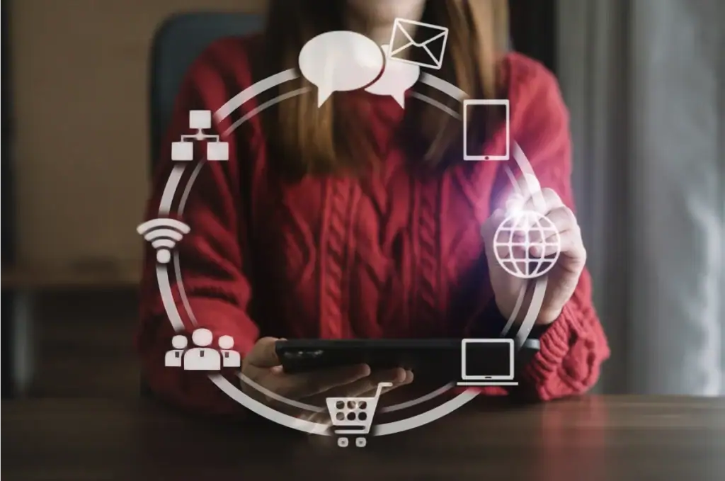 Woman interacting with digital communication icons