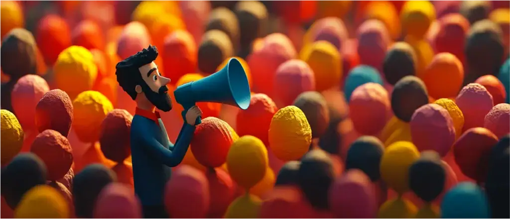Person with megaphone among colorful crowd
