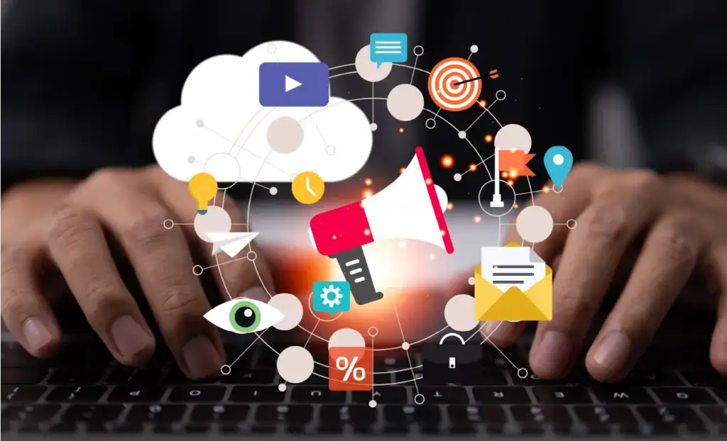 Digital marketing concepts with technology symbols