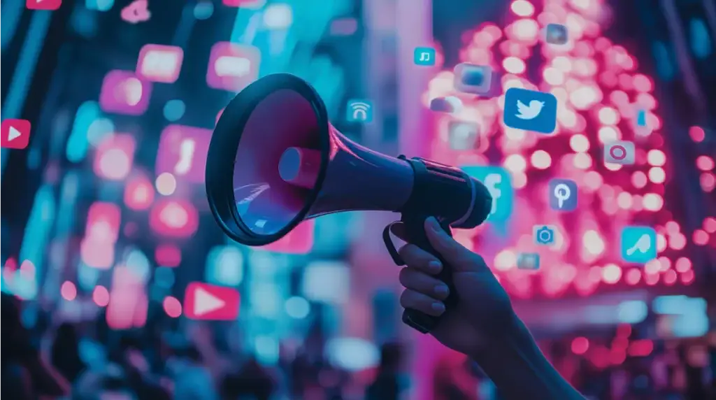 Megaphone amidst social media icons