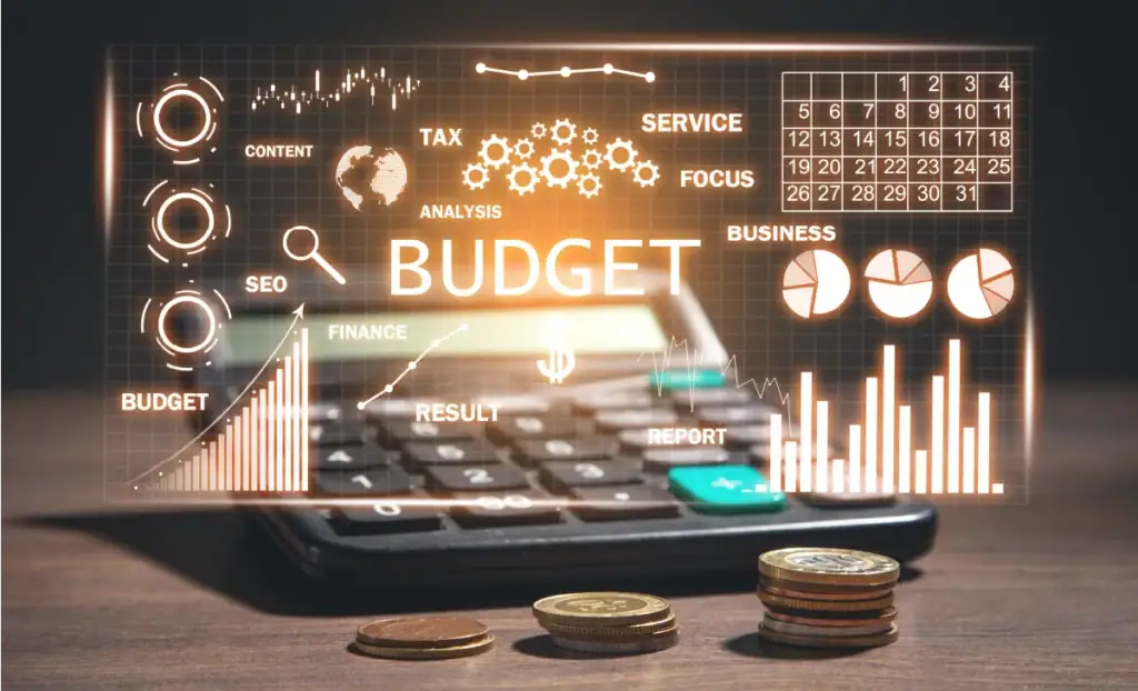 Calculator with budget analysis graphics.